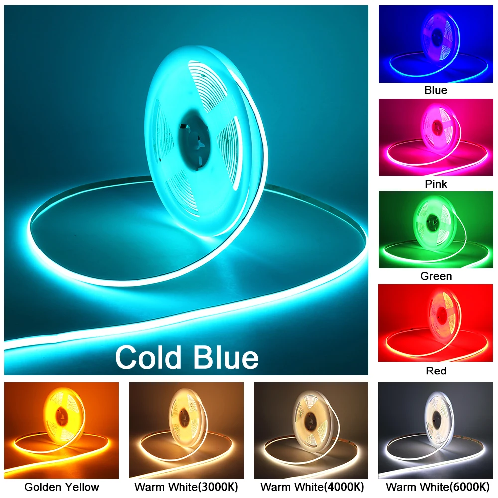 5mm 8mm COB LED Strip Light 24V 12V DC Ice Blue Yellow Red Green Blue Warm Cool White Color Dimmable PWM FOB LED Tape CRI 90 5m