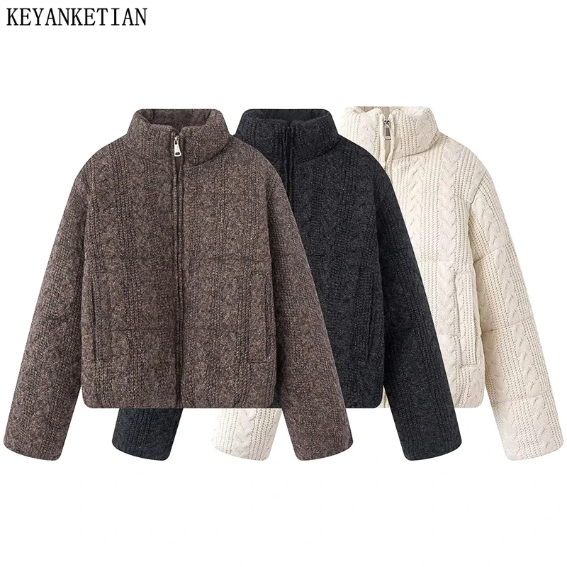 

KEYANKETIAN Winter New Women's Standing Collar Long Sleeved Eight Ply Knitted Warm Thick Cotton Jacket With Side Pockets Women