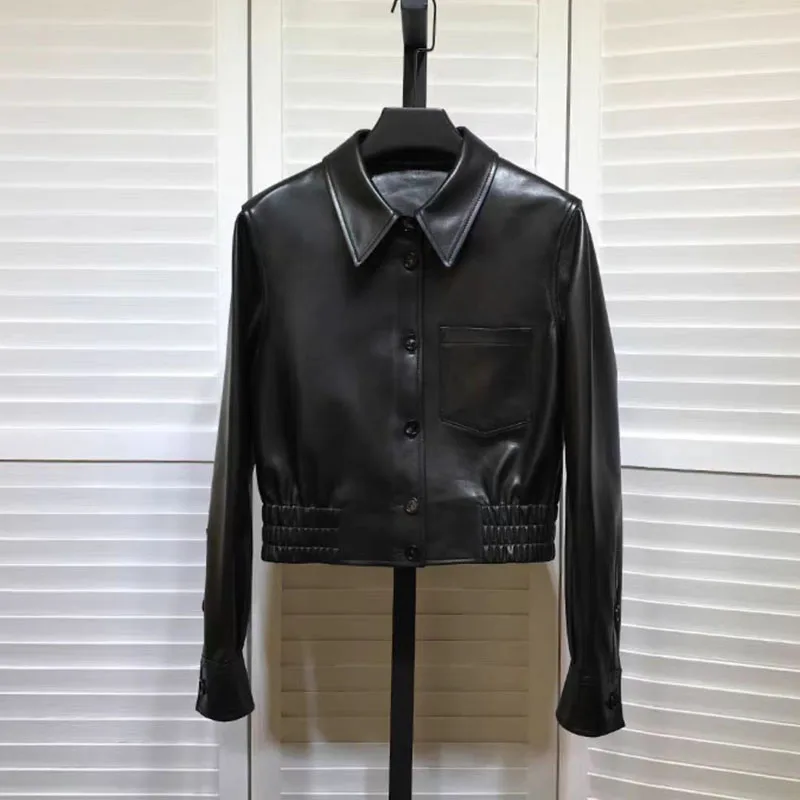 Women Coat Spring 2025 New Fashion Single-Breasted Natural Genuine Leather jacket Waist Design Short Length Long Sleeve