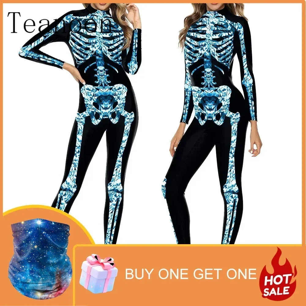 Carnival Funny Scary Skull Digital Printing Jumpsuit Bodysuit Women Halloween Cosplay Costume Holiday Party Neckerchief Catsuit