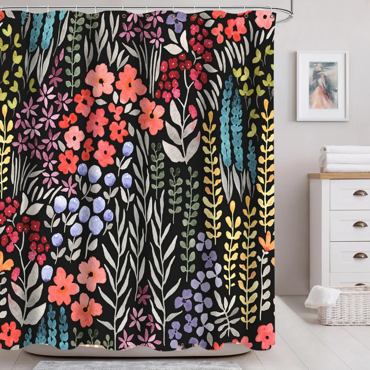 Spring Flower Shower Curtain Fabric Multi-color Plant Leaves Bathroom Shower Curtain Set with Hooks 180x180cm