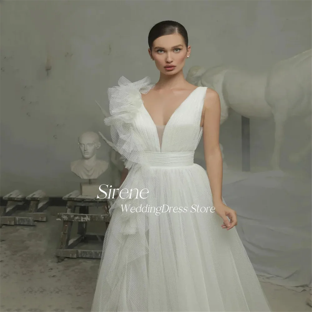 Sirene Elegant 3D Flower Spaghetti Strap Tulle Wedding Dress Sexy Deep V-neck Floor-length Sleeveless A-Line Backless Bride Gown