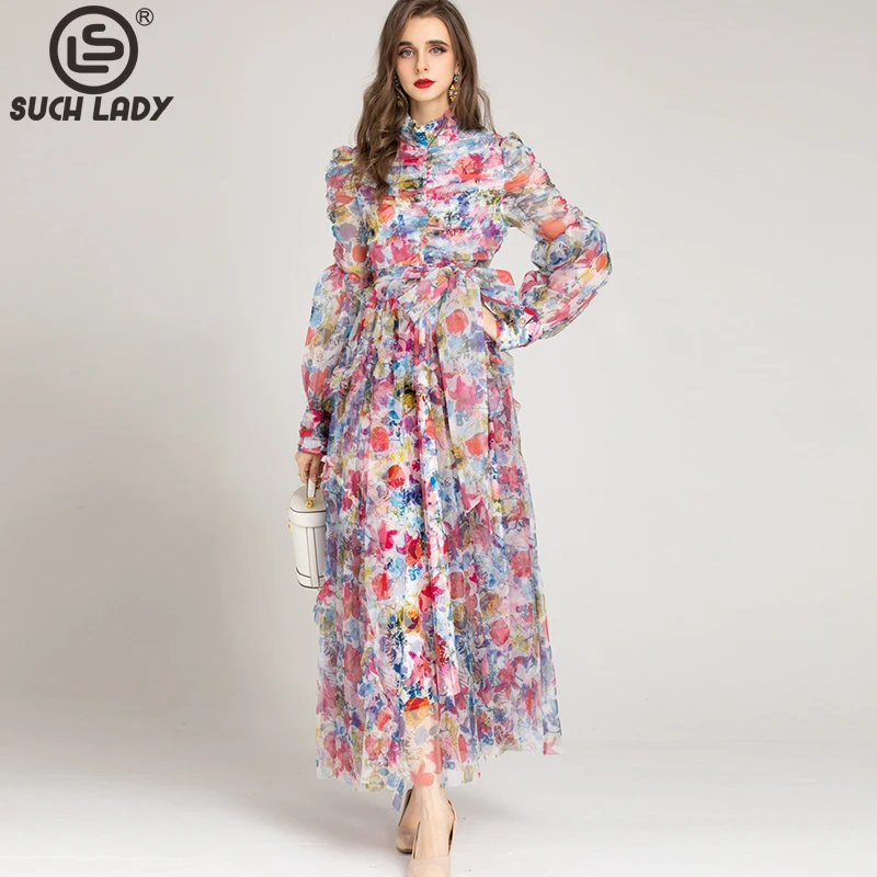 

Women's Runway Dresses Stand Collar Long Sleeves Ruched Bodice Printed Elegant Fashion Party Prom Gown