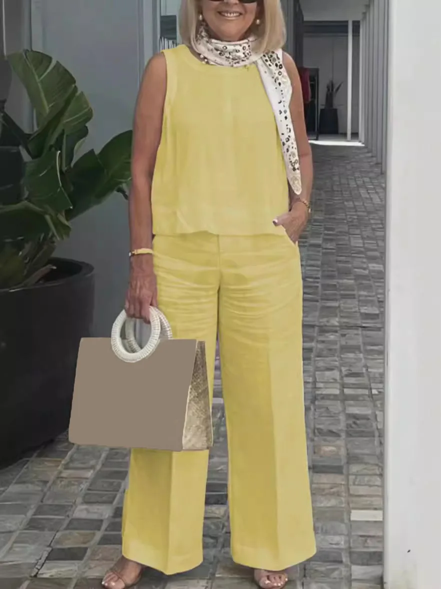 

Loose Casual Solid Cotton Linen Suit Women 2024 Fashion Elegant Sleeveless Round Neck Top Straight Wide Leg Pant Two Piece Set