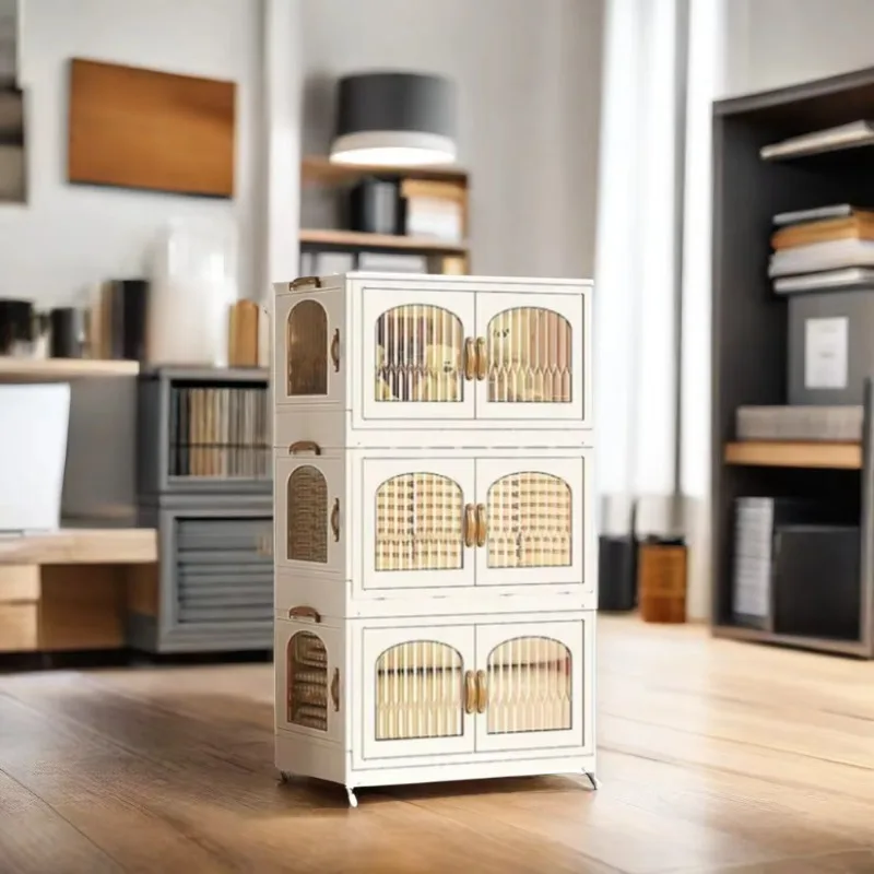 Stackable storage bins with foldable lids, wheels and doors for