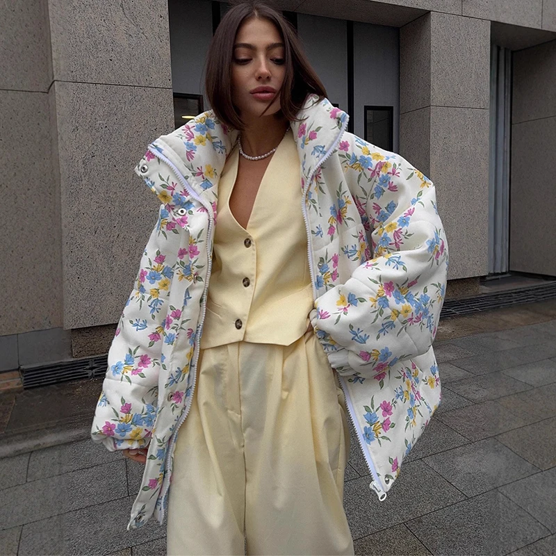 2025 Winter Oversize Printed Cotton Jacket Coat Female Fashion Stand Collar Warm Parkas Long Sleeve Casual Women's Coat