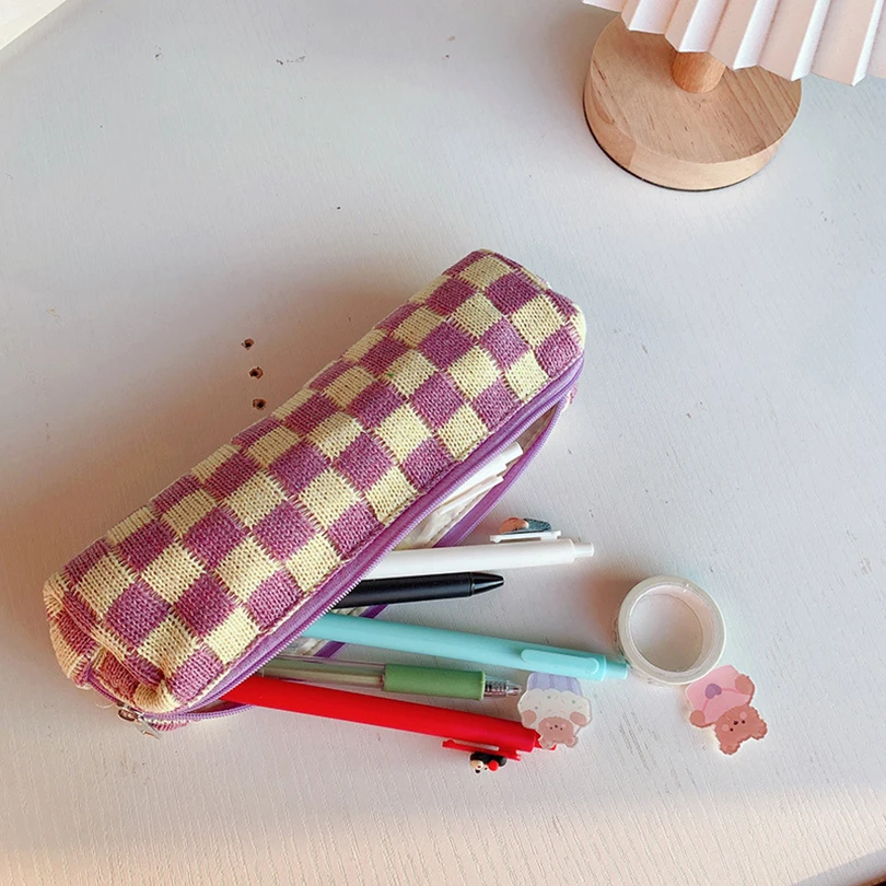 Pencil Cases For Girls Trousse Scolaire Pencil Pouch Korean Stationery Checkerboard Pen Case Knitting Estuche Escolar Pencilcase