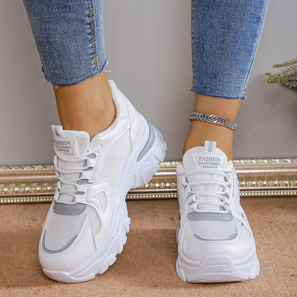منصة أحذية رياضية للنساء بيضاء كاجوال شبكية قابلة للتنفس أحذية رياضية الارتفاع زيادة الدانتيل يصل ربيع الخريف التنس Feminino #2