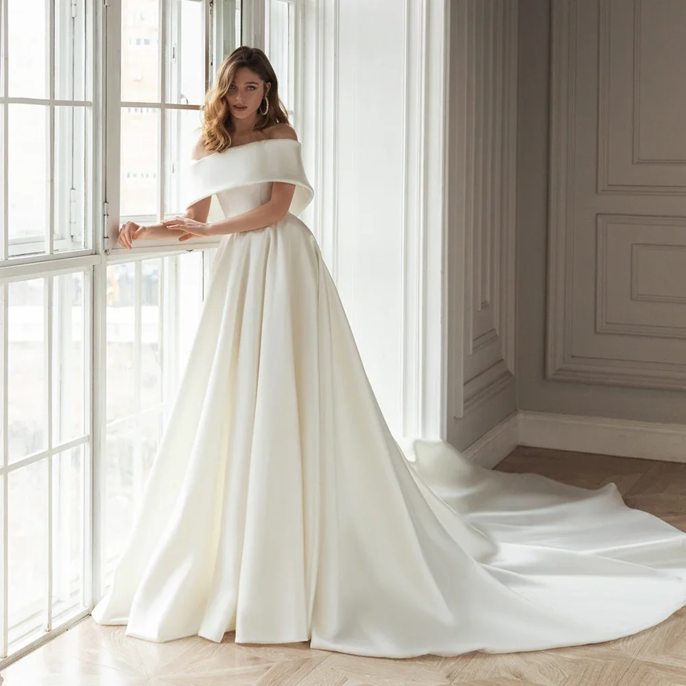 

New Arrival Wedding Dresses Chic Off The Shoulder A-Line Gowns Vestidos De Novia Fashion Draped Sweep Train Bride Dresses