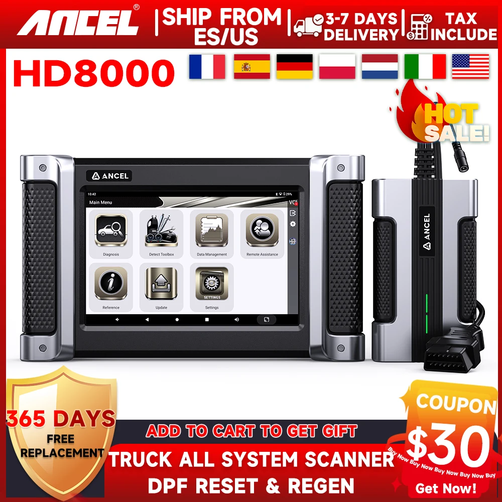 ANCEL HD8000 Heavy Duty Truck Scanner All System Diesel Truck Scanner Diagnostic Tool DPF Forced Regen Free Lifetime Updates