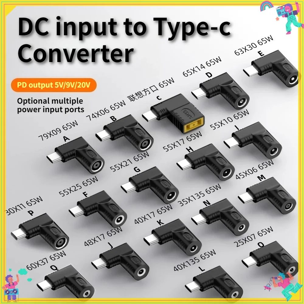 65W Type-C Laptop Power Adapter PD Fast Charging Round/Square Port Female Adapter for DC Charging Compatible with VariousLaptops