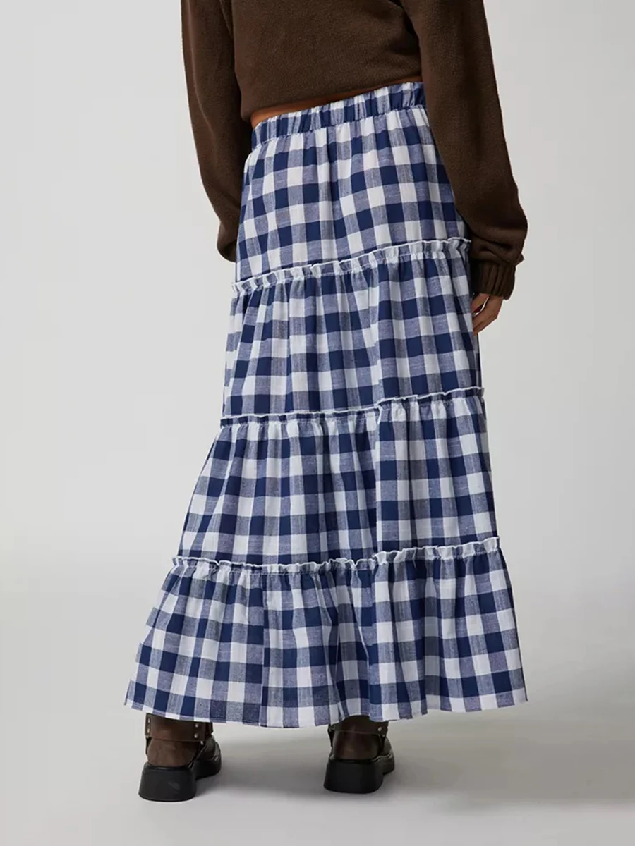 

Y2k Women Gingham Maxi Skirts A Line Ruffle Plaid Midi Skirt Flowy Long Skirt Losse High Waist Summer Casual