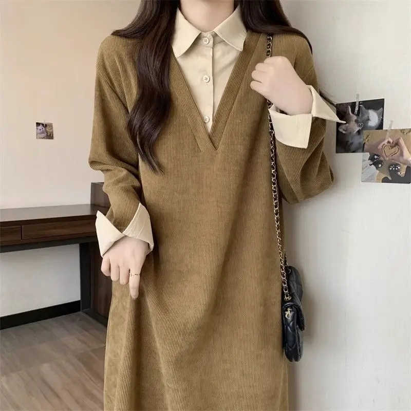 

Fake Two Pieces Loose Dresses Autumn Winter Casual Polo-Neck Patchwork Female Clothing Stylish Button Basic Straight Midi Dress