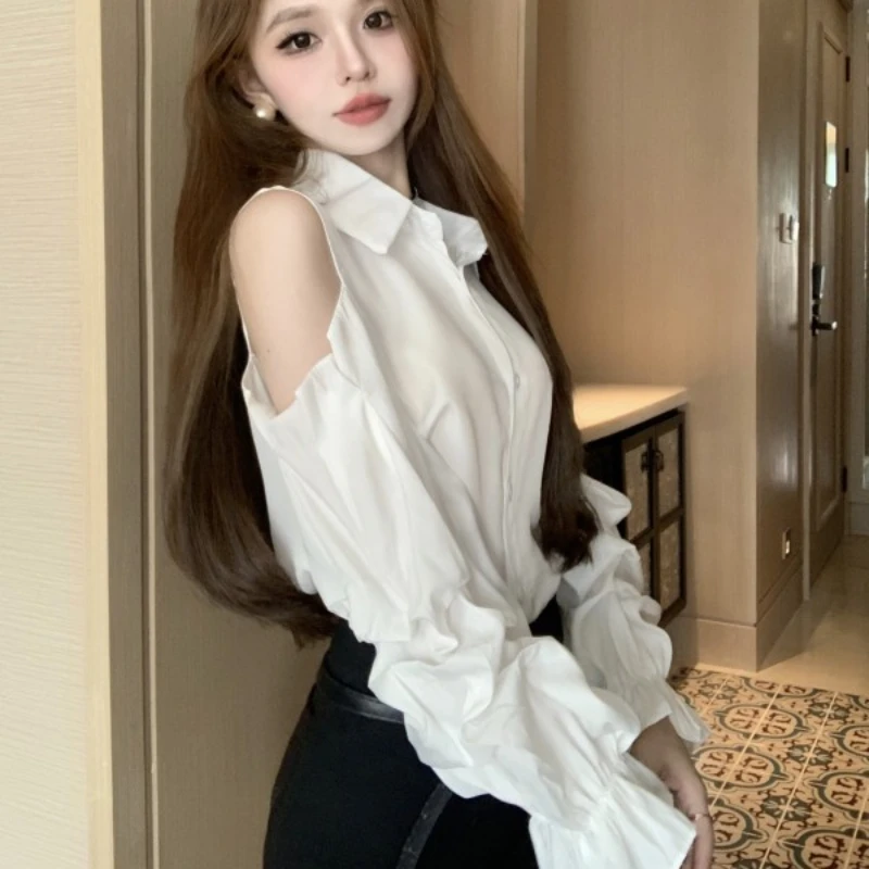 Women Shirts Solid Causal Simple Flare Sleeve All-match Korean Style Off Shoulder Chiffon Design Loose Button Elegant Simple