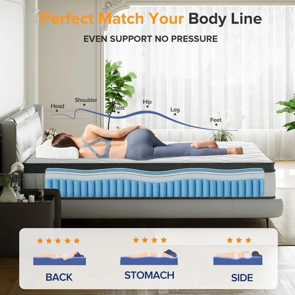 12 Inch Mattress with Pocketed Spring and Bamboo Charcoal Gel Memory Foam,Anti-Pilling Cover,Motion Isolation,Cool and Dry Sleep