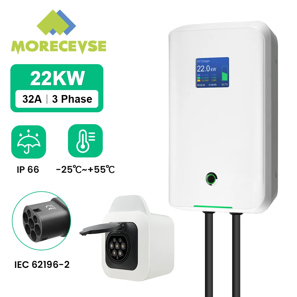 Morseats-Station de Recharge pour Véhicule Électrique EVSE EV, Boîtier Mural, 22kW, 32A, 3 Phases, 380V, Type 2, avec Prise IEC 62196-2