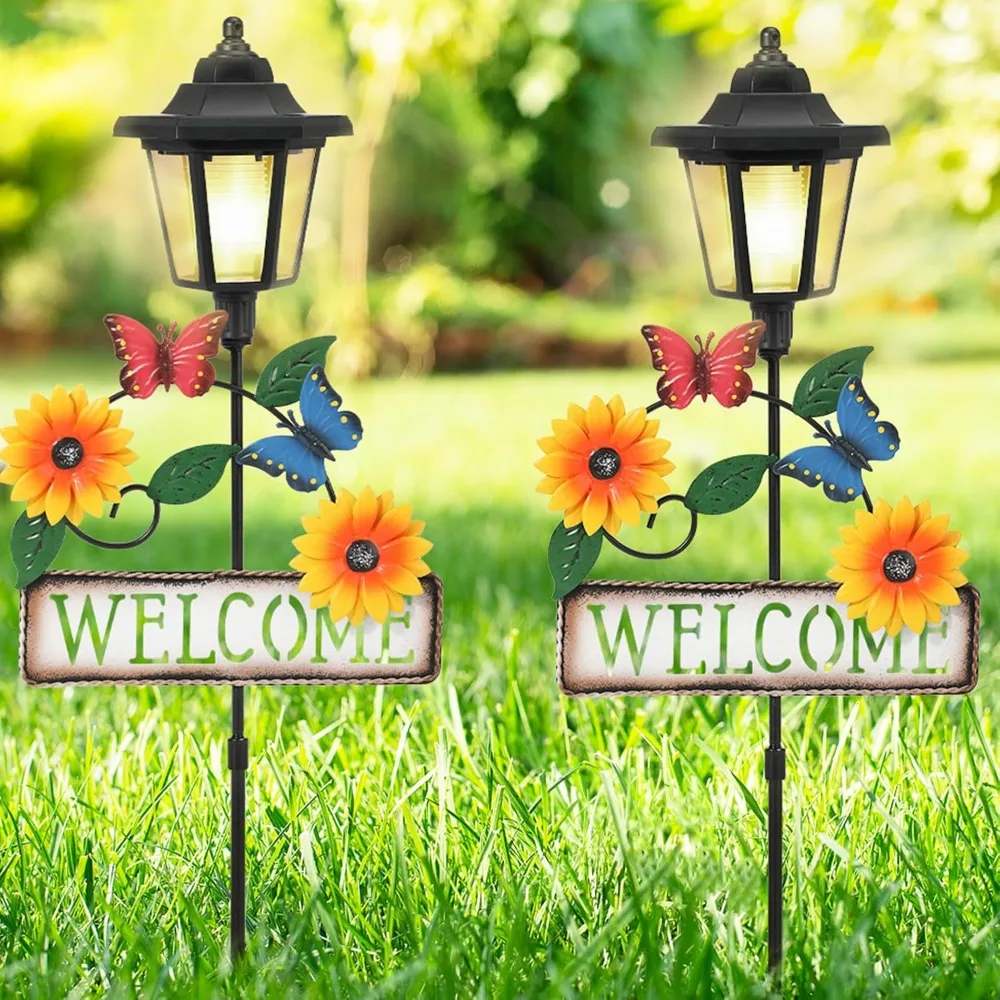 

Солнечные садовые фонари-бабочки, 37,4-дюймовый солнечный светильник с приветственным знаком и бабочками, уличный водонепроницаемый солнечный кол L