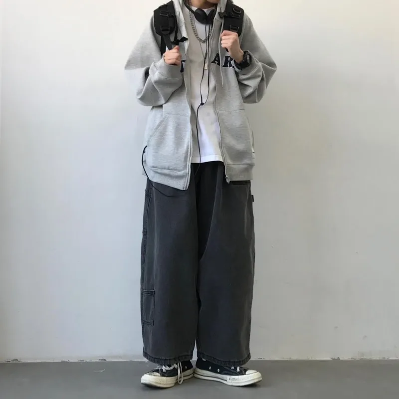 سراويل رجالية عالية الخصر ، سراويل مرنة ، أحادية اللون ، جيوب فضفاضة ، ملابس غير رسمية ، نمط Preppy ، الربيع والخريف