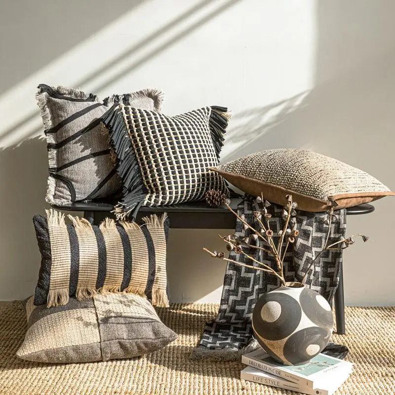 

Wabi Style Hemp Rope Woven Cushion Cover Decorative Throw Pillow for Bay Window Sofa Bed Homestay Large Model Room Pillow Covers