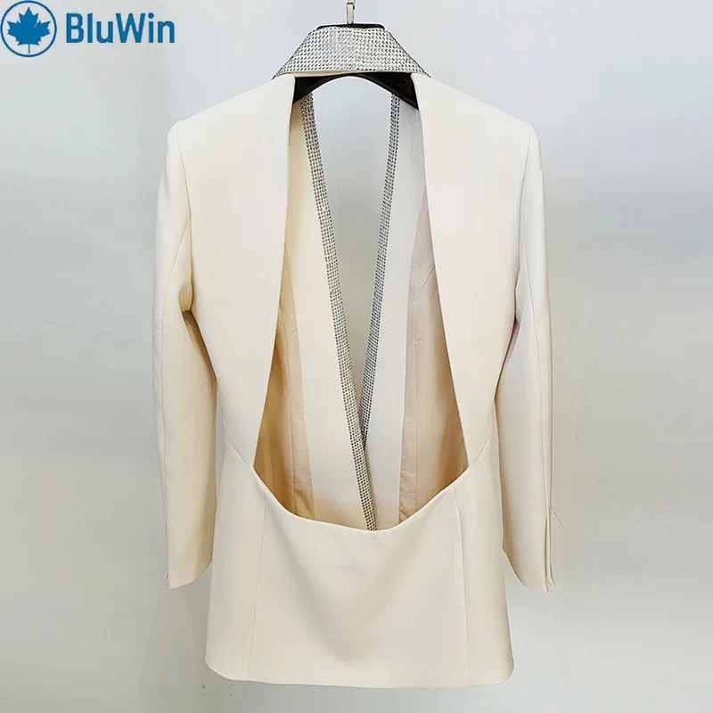 سترة نسائية ذات ياقة شال من حجر الراين من BluWin بأزرار واحدة وأكمام طويلة باللون الوردي الساخن  