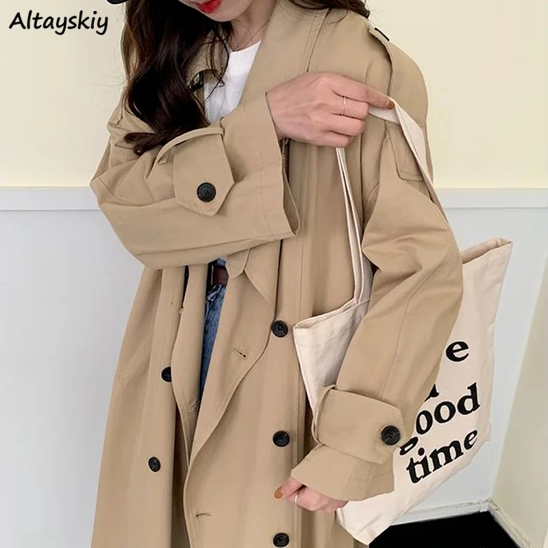 

Women Trench Retro Japanese Harajuku Double Breasted Chic Over Knees Safari Style Lapel Windbreaker Solid Color Daily Outwear