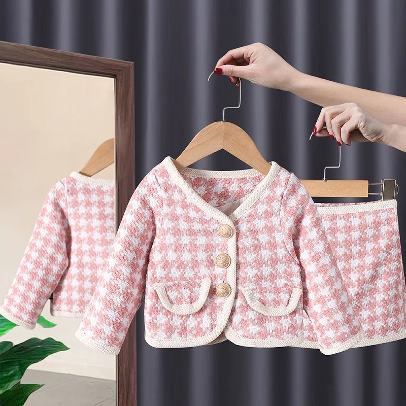 Baby Girl Princess Elegant Plaid Clothes Set Jacket+Skirt 2PCS Child High Quality Clothing Set Party Birthday Baby Clothes 1-7Y