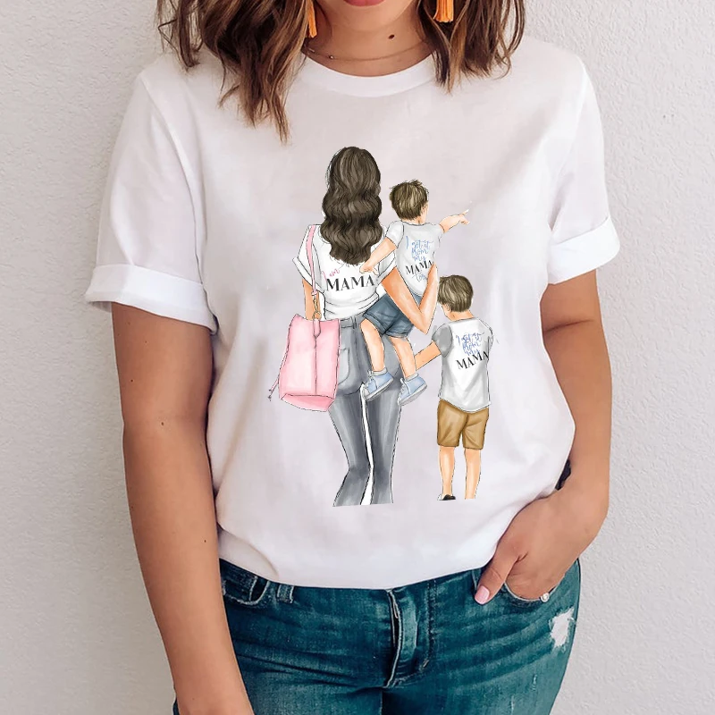 Vrouwen Grafische Gelukkige Tijd Mooie Cartoon Mom Mama Moeder Jongen Zoon Vakantie Lady Tops Kleding Tees Print Dragen T-shirt T-shirt