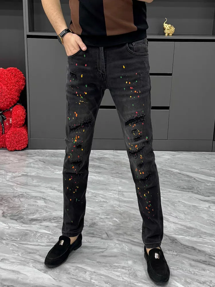 

Men's Pants Ripped Graffiti Luxury New Jeans Designer Slim Fit Stretch Denim Jeans for Men Casual Summer Fashion Pencil Pants