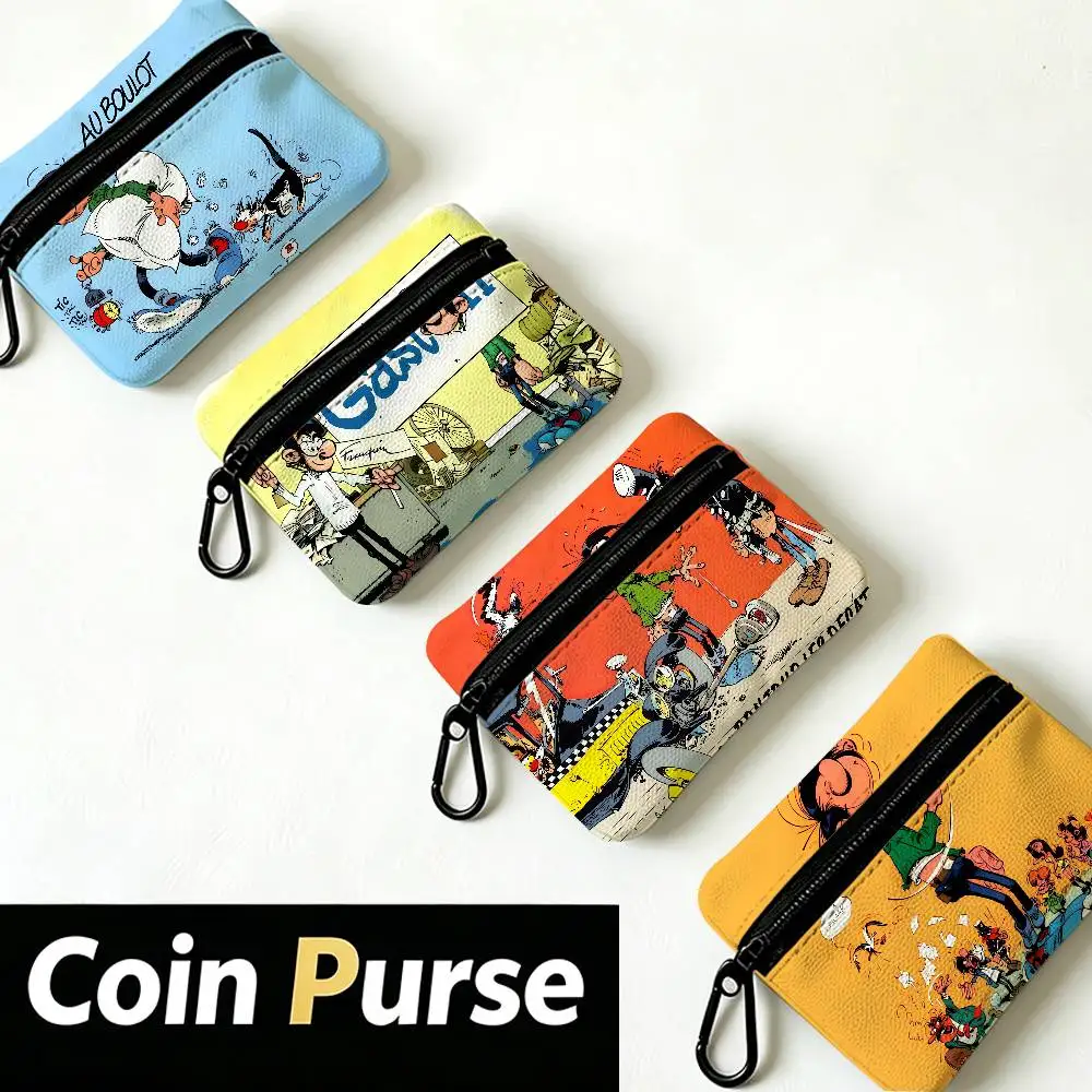 G-Gaston-Lagaffe Lazy-Comic Mini Oxford Cloth Coin Purse With Carabiner Hook Portable Key Card Wallet Small Zipper Storage Pouch
