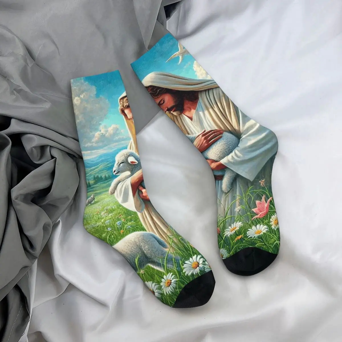 

All Seasons Crew Stockings Easter Retro Jesus Hug A Lamb Socks Crazy Hip Hop Long Sock Accessories for Men Women Christmas Gifts