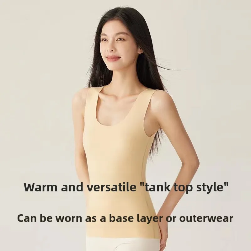 

Warm Fleece Vest Women's round Neck Trace Sleeve Inner Wear Heating Base Shirt Velvet Underwear Double Sided Brushed New Model