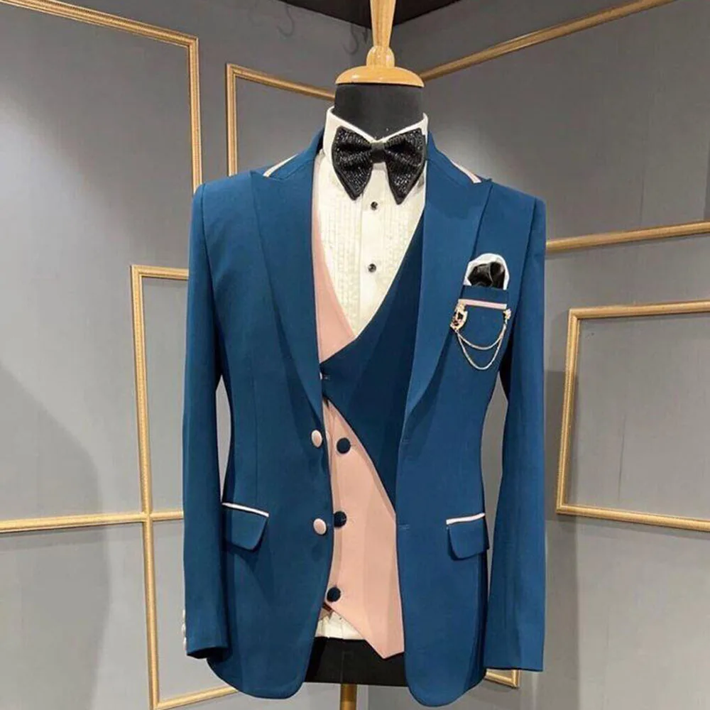 

Design Men Suits Blue Pink Peak Lapel 3 Pieces Jacket Pant Vest High Quality Single Breasted Male Clothing Classic Simple