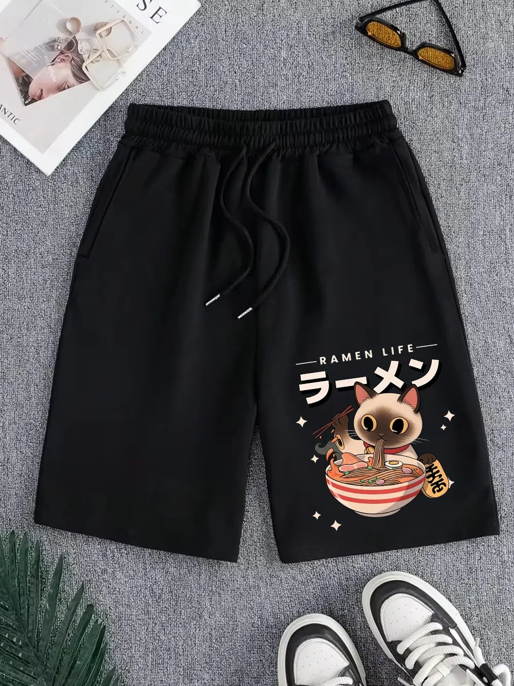 

Kitten'S Daily Lamian Noodles Prints Pants Mens Summer Oversized Wide Shorts Jogging Pocket Shorts Basics High Waisted Clothes
