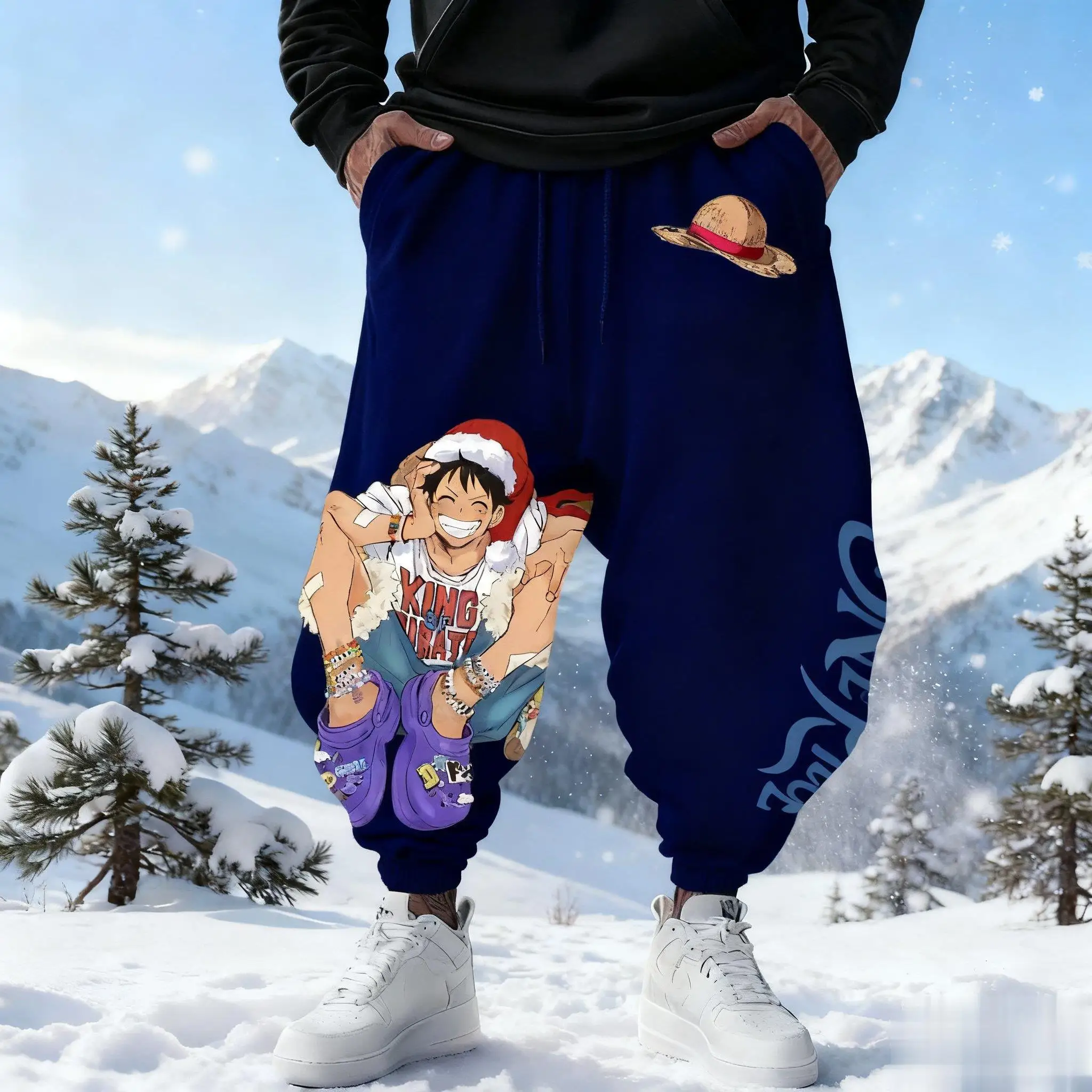

Streetwear One Piece Luffy Christmas Print Anime Pants Men Casual HipHop Trousers Joggers Sweatpants Y2k Fashion Winter Autumn