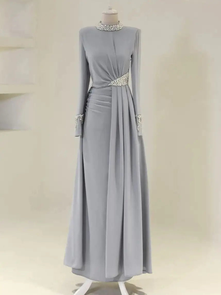 

Ciynsia Customized Muslim Evening Dresses For Women Full Sleeves Formal Prom Gowns Long High Neck Rhinestone Robes De Soirée