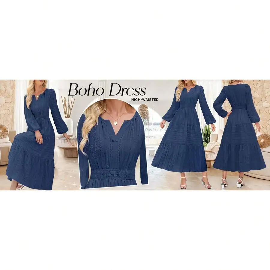 

Women Boho Long Sleeve V Neck Tiered Cotton Midi Dress With Pockets
