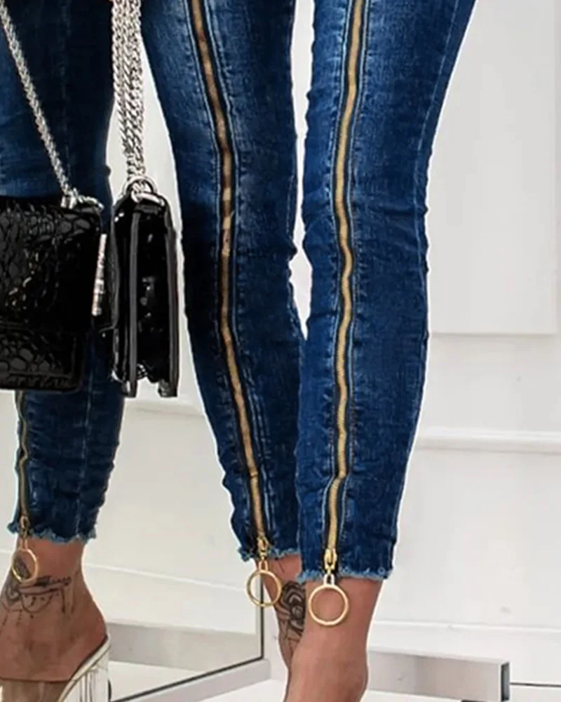 Sexy Jeans Women Summer Metal Skinny Zipper Decorations Skinny Cropped Jeans Mid Waist Dark Blue Pencil Denim Pantss