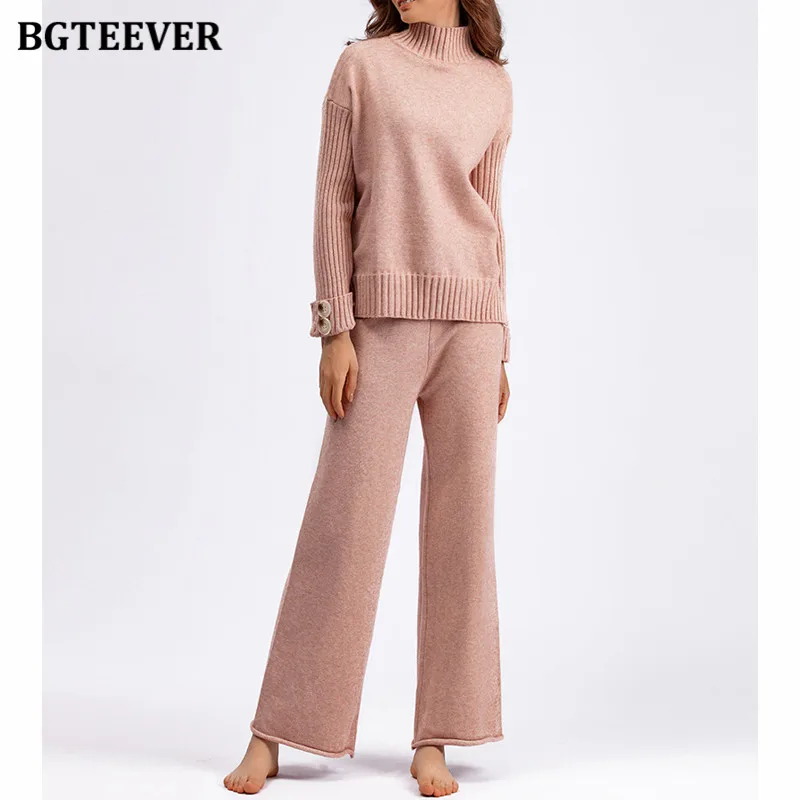 

BGTEEVER Winter Turtleneck Sweater Set for Women Thick Pullovers Jumpers Female Wide Leg Knitted Pants Ladies Knitting Suits