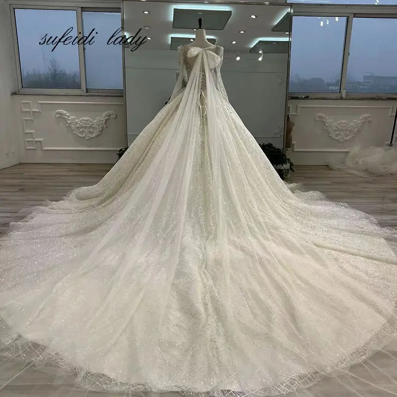 Luxury Long Sleeve Dubai Ball Gown Wedding Dress Sparkly Crystal Appliques Saudi Arabic Exquisite Bridal Gown