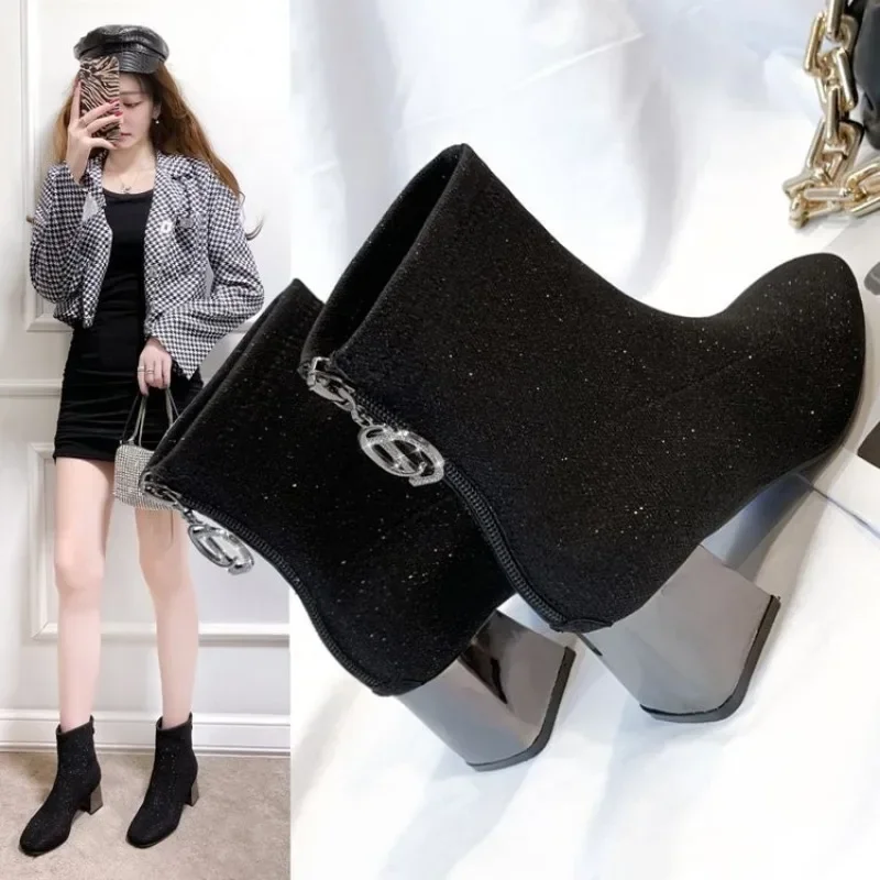 Metal Blade Heels Socks Boots Women Stretch Fabric Elastic Stilettos Heel Pointed Toe Ankle Boots Shoes Woman Chunky Heels Boats