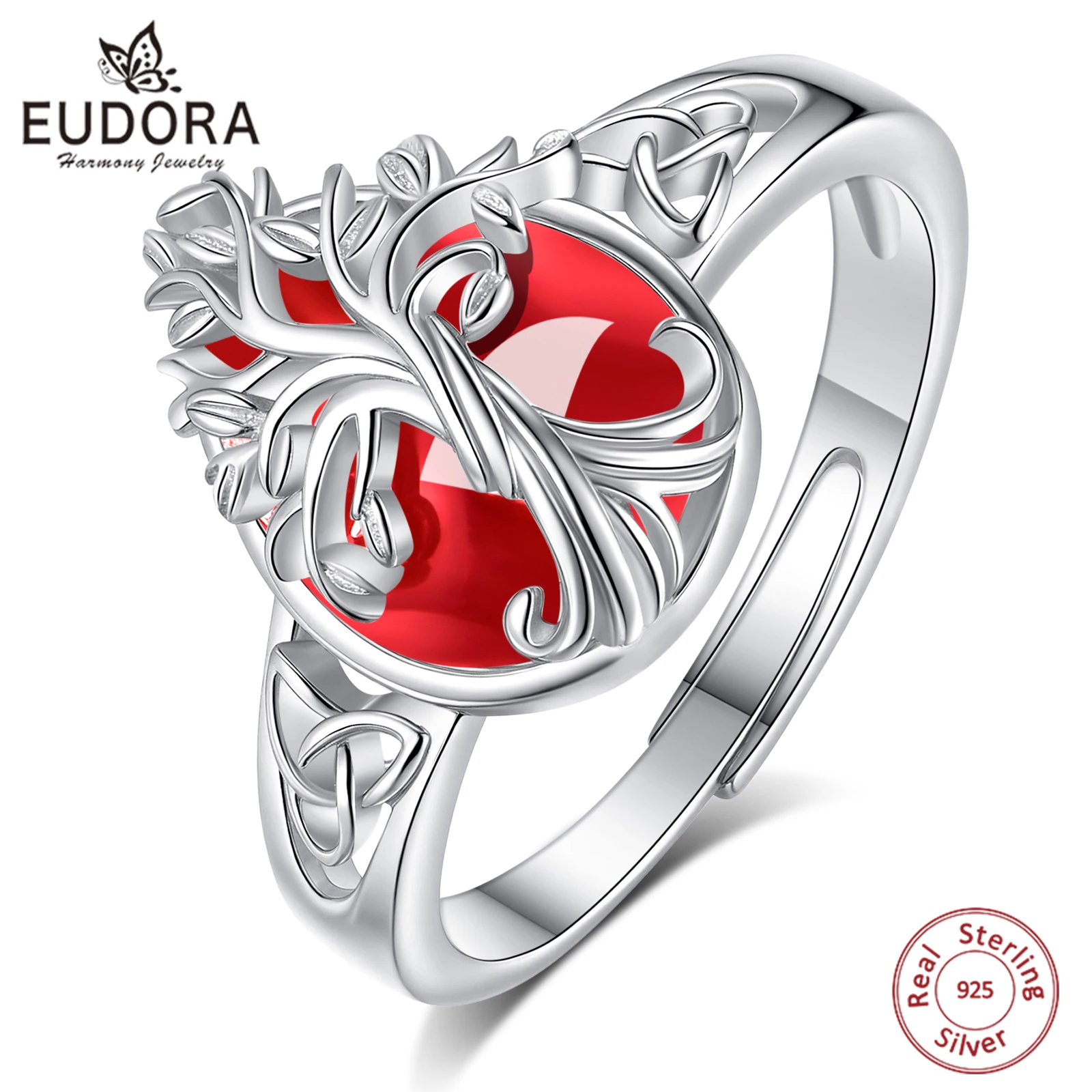 Eudora 925 Sterling Silver Tree of Life Adjustable Ring Carnelian Celtic Knot Ring Pagan Spiritual Jewelry Gift for Women Men