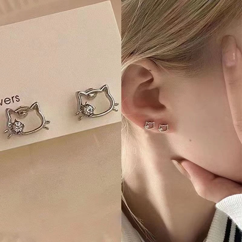 1Pair Sanrio Cartoon Cute Hello Kitty Shiny Zircon Earrings Hollow Cat Head Stud Earrings Ins Sweet Simple Exquisite Ear Jewelry