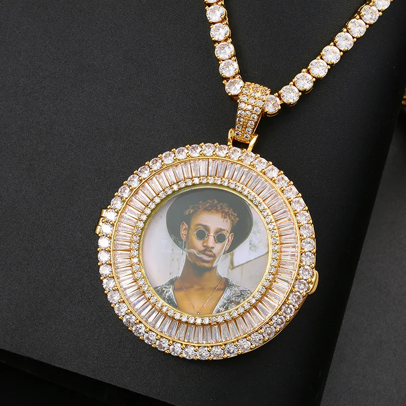 

European and American cross-border photo memory photo frame medal solid color solid pendant hip-hop copper inlaid zircon necklac