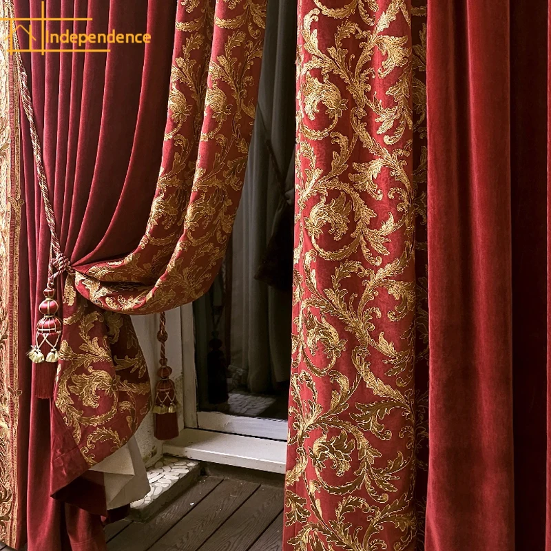 Customized Vintage Wine Red Velvet Embroidery Stitching Thickened Curtains for Living Room Bedroom French Window Villa Finished