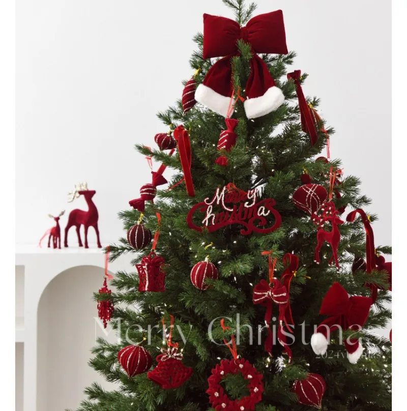 Decoración roja para árbol de Navidad, arco flocado, bastón de caramelo, mariposa, adorno colgante para árbol de Navidad, fiesta de Año Nuevo, decoraciones para el hogar