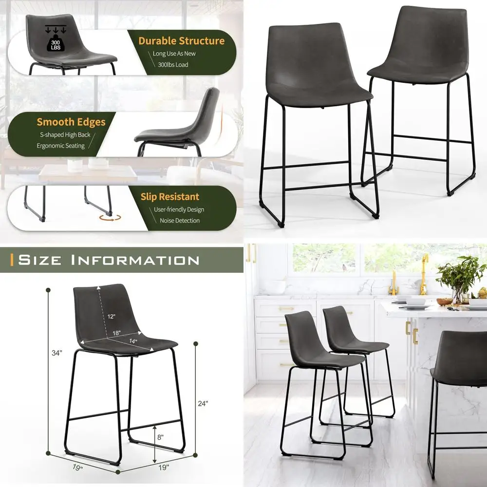 

26 inch Bar Stools Set of 4,Counter Height Bar Stools with Back, Modern PU Leather Stools with Metal Leg and Footrest Black, 4