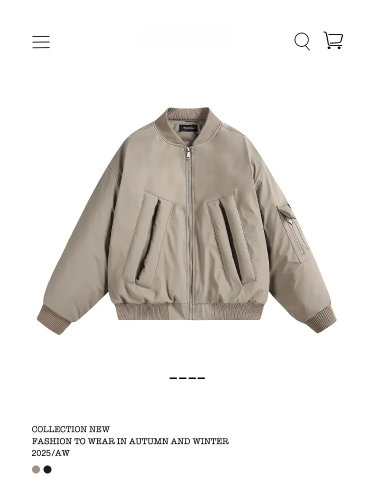 

Noonoz Winter American Sle Pilot Cotton Jaet Men's Trendy Neutral Baseball Outwear Multiple kets PU Leather Coat