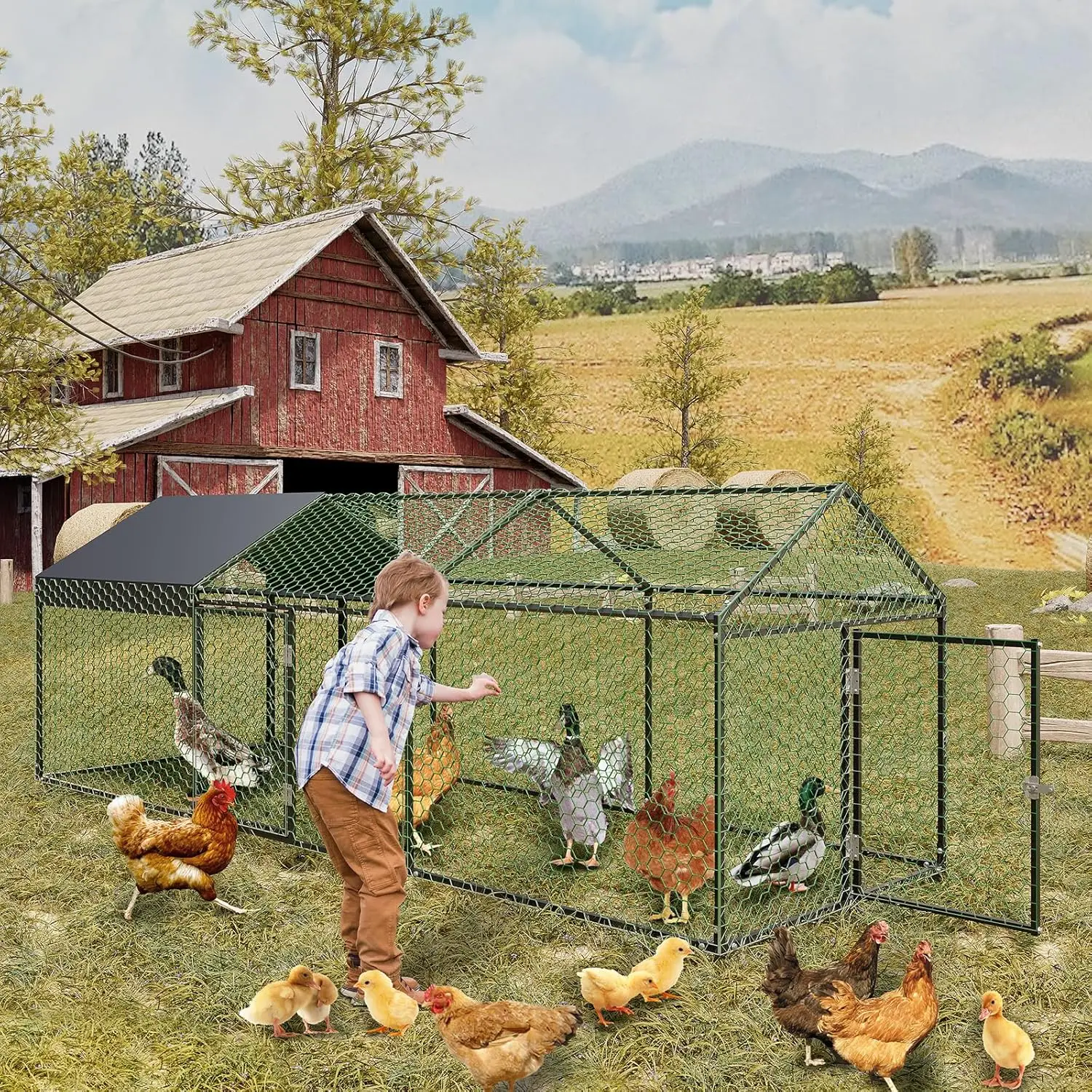 

Heavy-Duty Metal Chicken Coop 118" 157" Large Walk in Chicken Run With 3 Lockable Doors Waterproof Anti-UV Outdoor Hen House