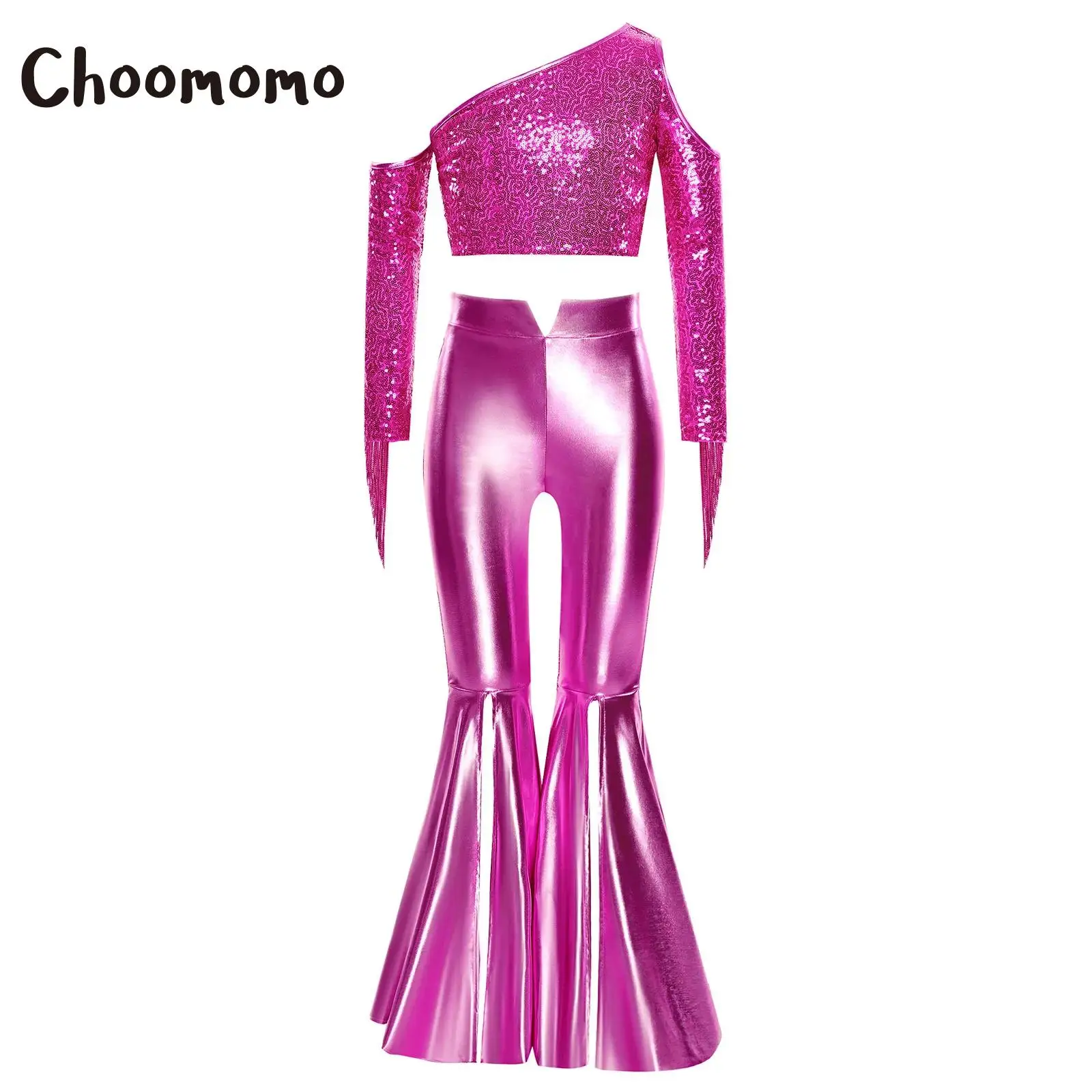 زي رقص الجاز للفتيات زي هيبي معدني 70s بكتف واحد شرابات لامعة ترتر مع بدلة بناطيل جرس سفلي