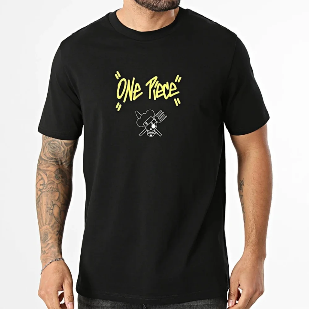 

Футболка One Piece Sanji Baratie Jolly Roger - с желтым граффити-шрифтом и изображением черепа шефа, для любителей аниме и пиратских приключений